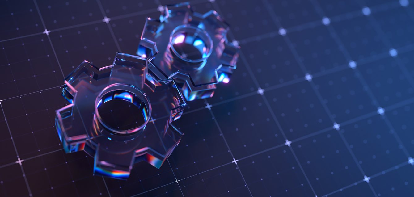 Futuristic Transparent Gears on Digital Grid Background in Neon Light Futuristic Transparent Gears on Digital Grid Background in Neon Light